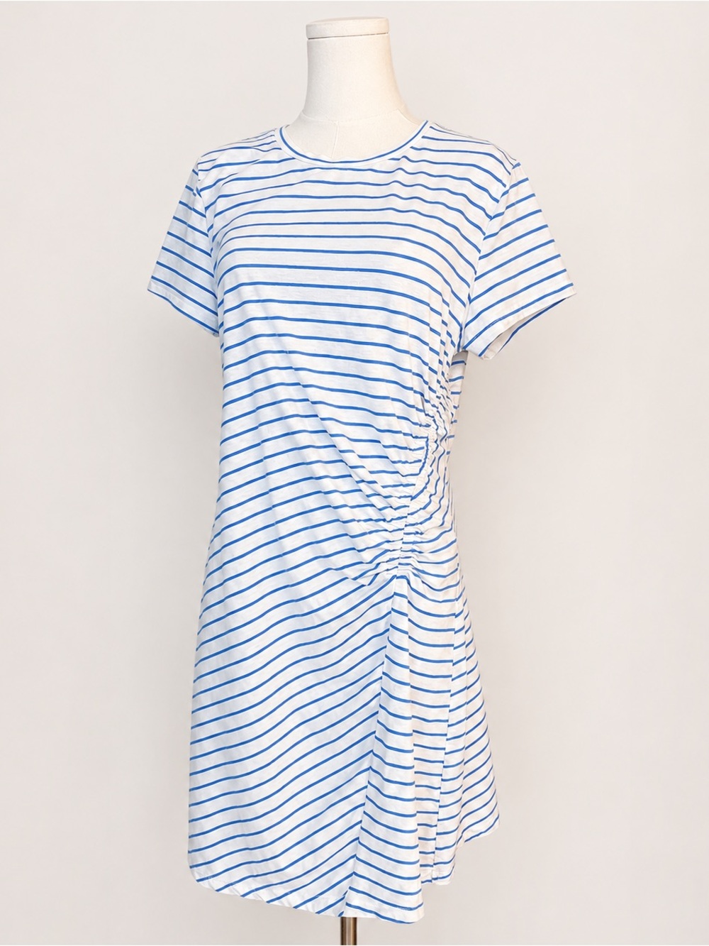 Universal Thread L Blue White Striped Ruched Side T Shirt Dress Coastal Casual